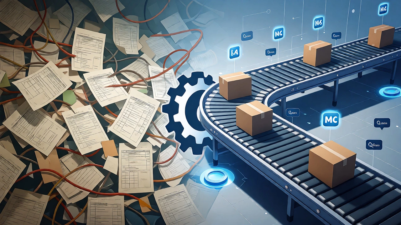 Conceptual art showing transition from manual spreadsheets to automated logistics