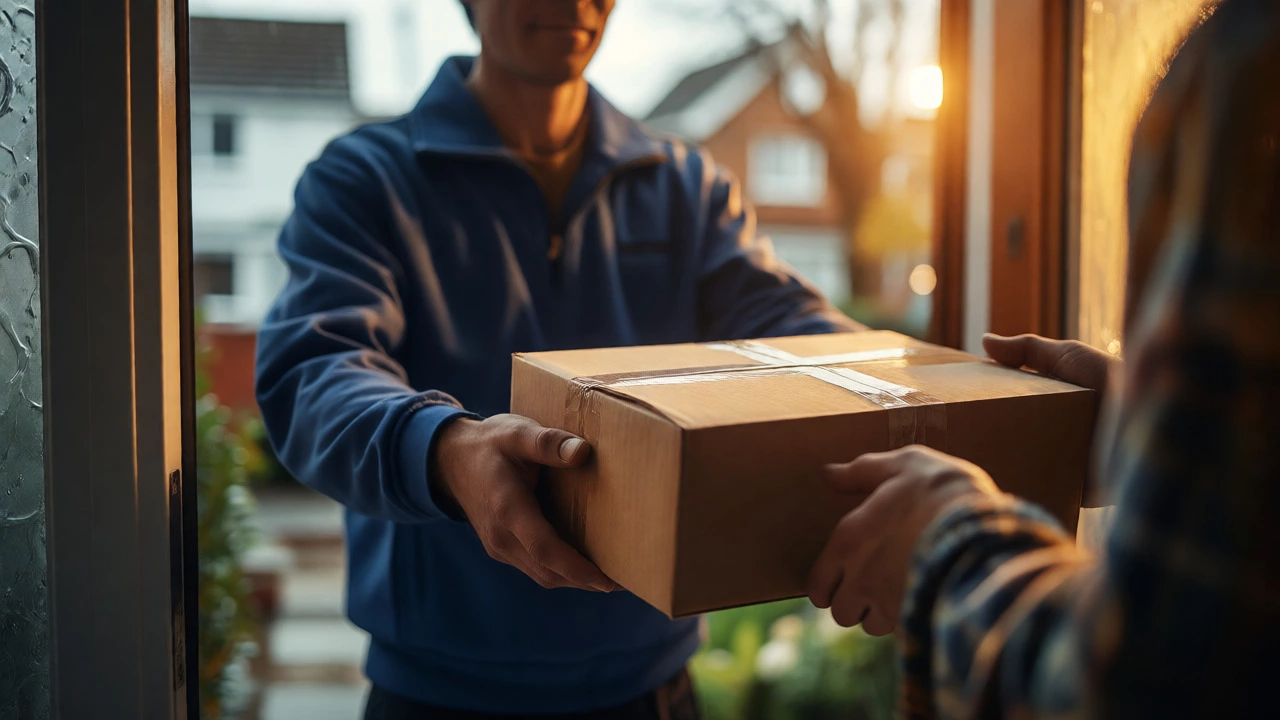 Courier handing a parcel to a customer at their front door