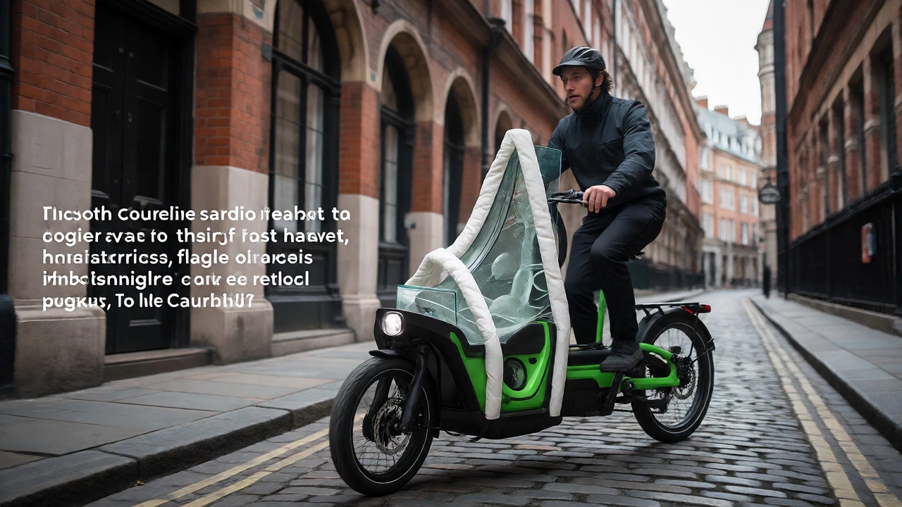 Courier on an electric bike carefully transporting a fragile glass sculpture through a historic London street.
