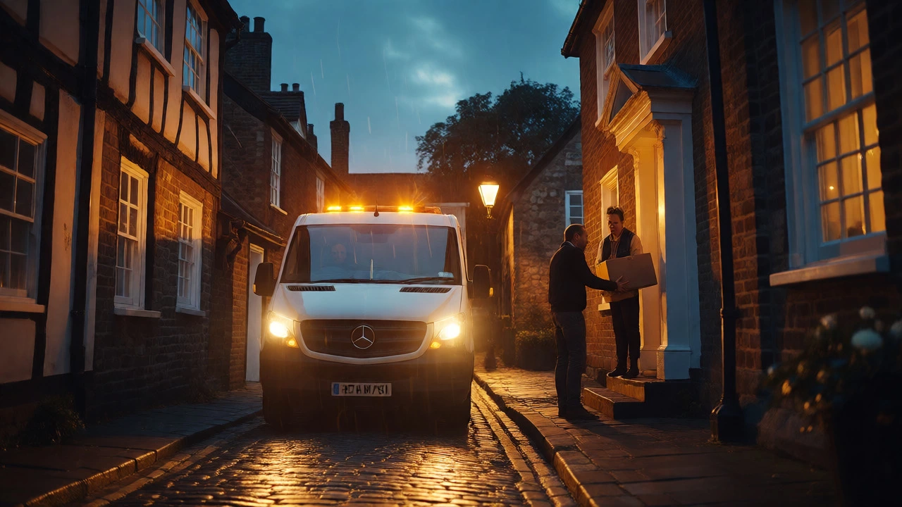 Delivery driver handing package to customer in UK town