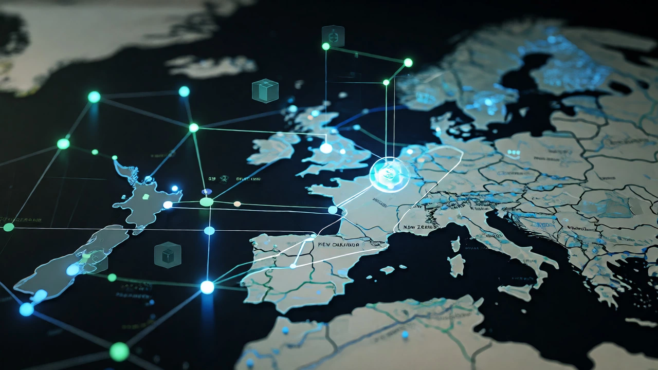 Digital network overlay on a world map highlighting global shipping routes
