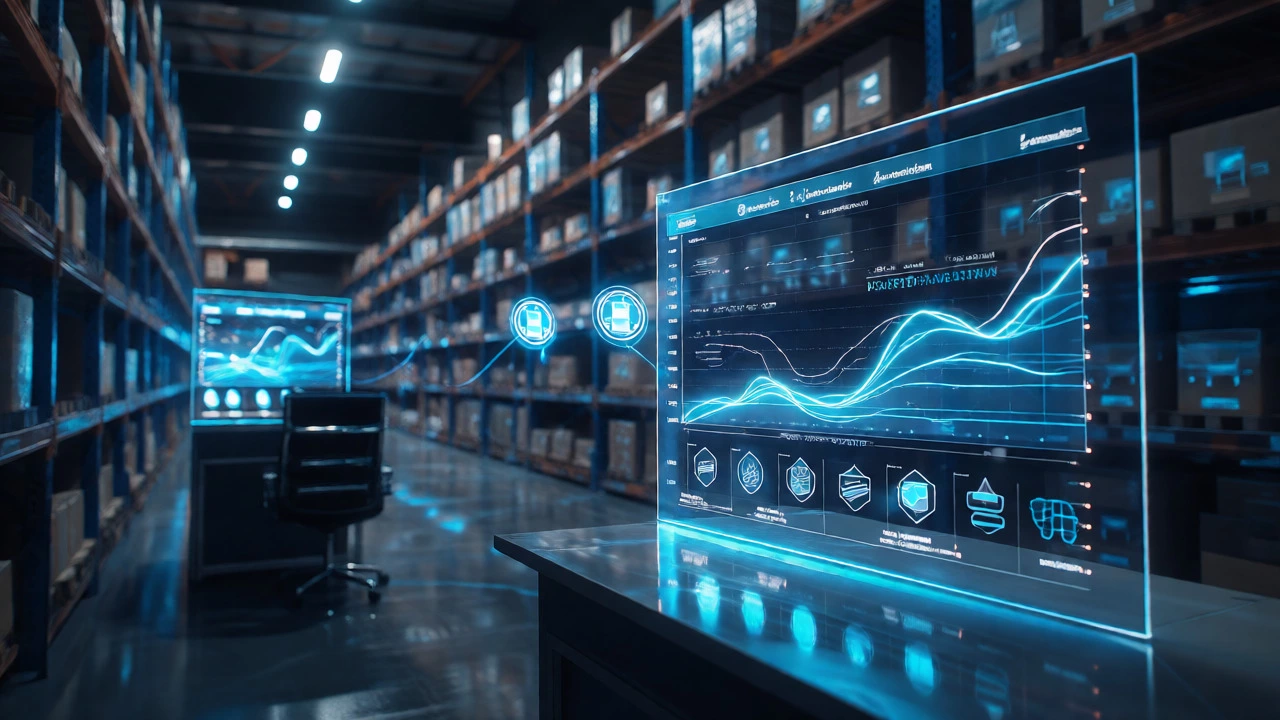 Futuristic warehouse control room displaying AI predictive analytics