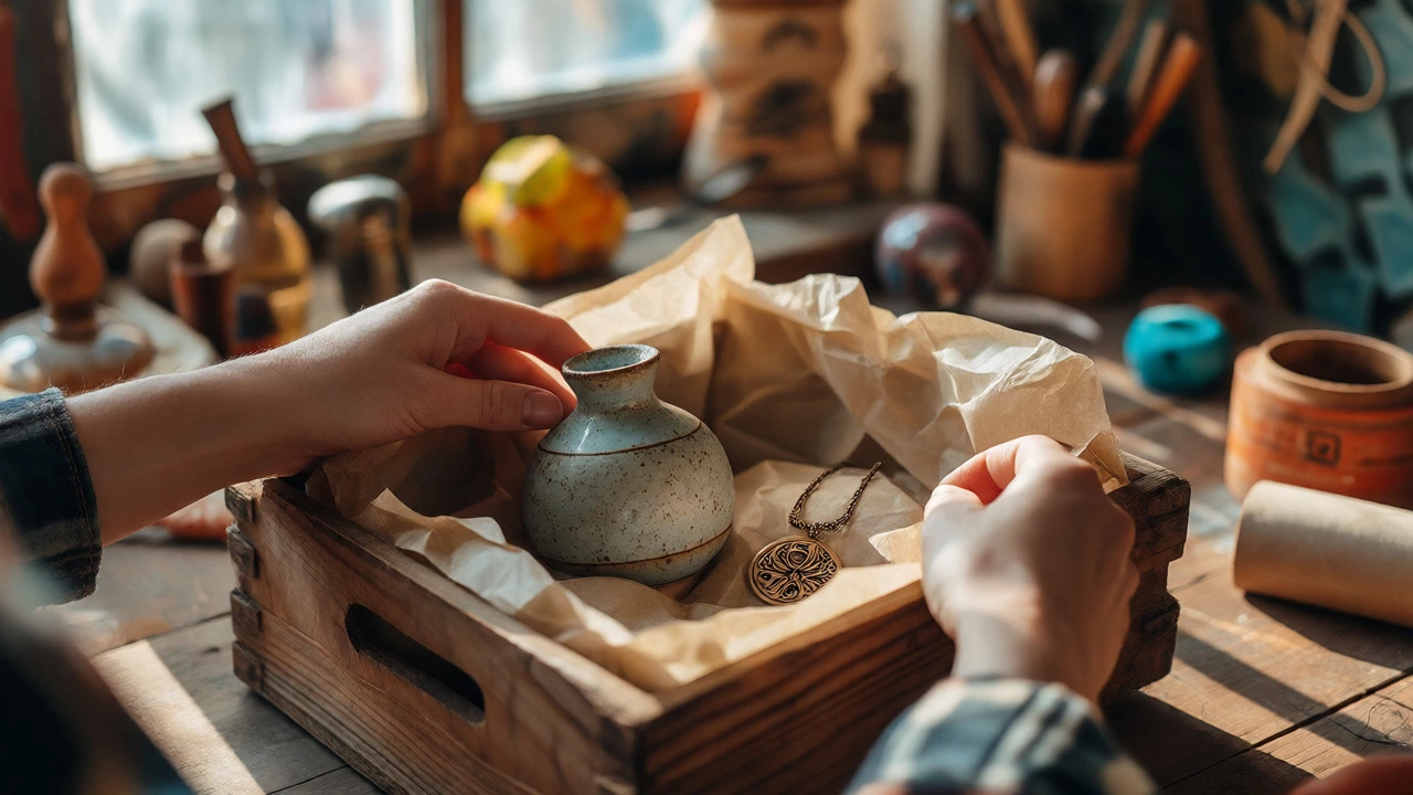 Hands packing handmade ceramics and jewelry in an artisan workshop