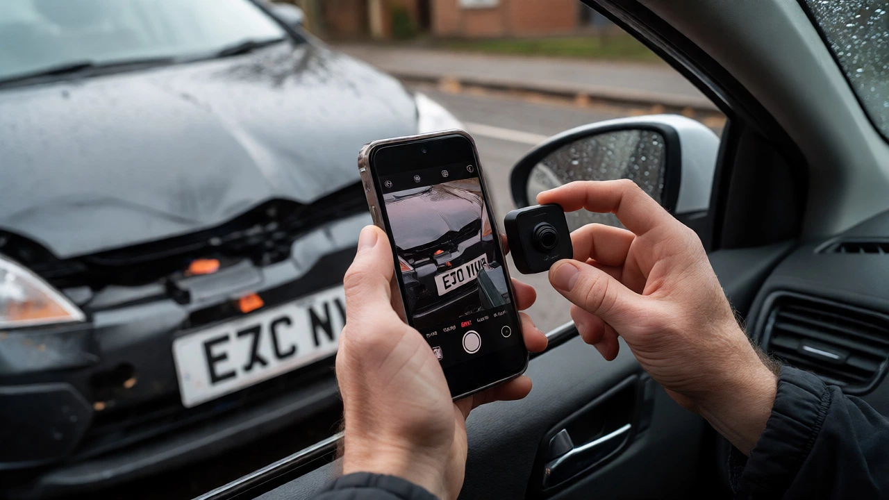Hands using phone to photograph car damage and dashcam