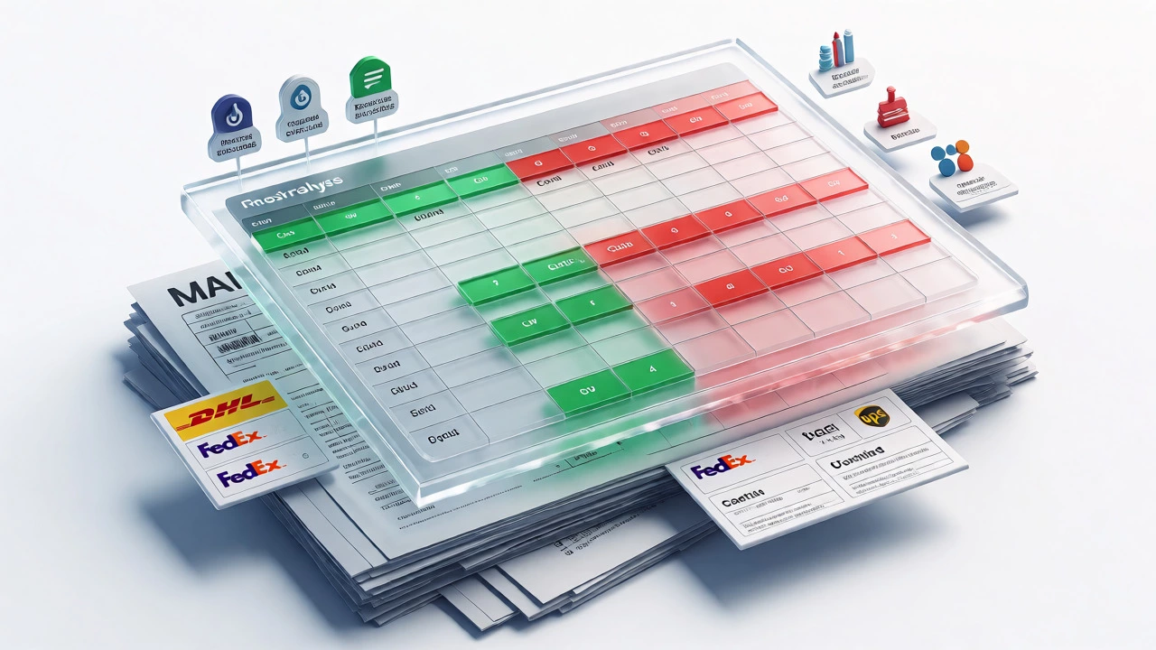 Holographic pivot table analyzing freight costs over shipping invoices and labels