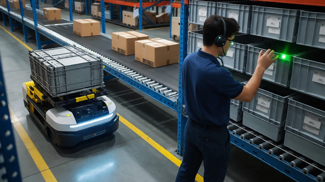 Human picker and AGV robot working together in an automated warehouse