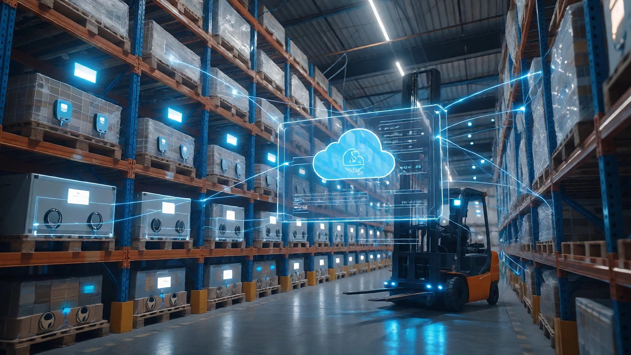 IoT sensors and data networks connecting warehouse equipment
