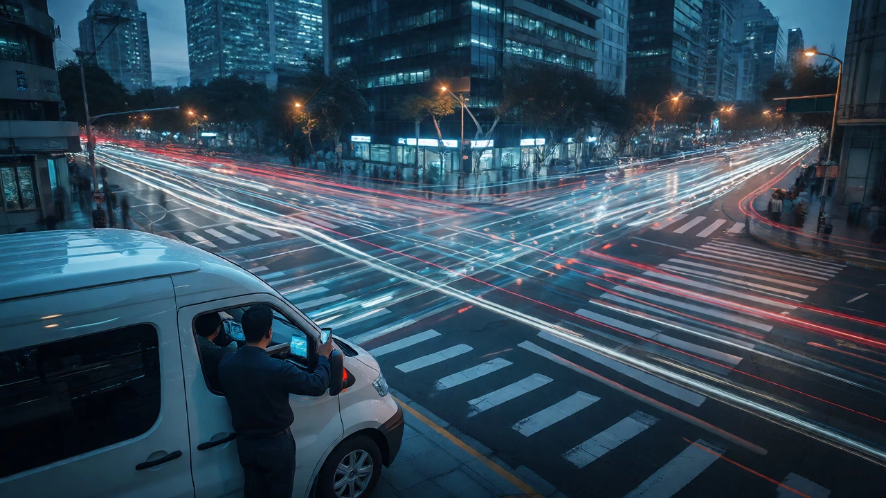 Modern courier van at a city intersection at twilight, symbolizing tech-driven last-mile logistics.