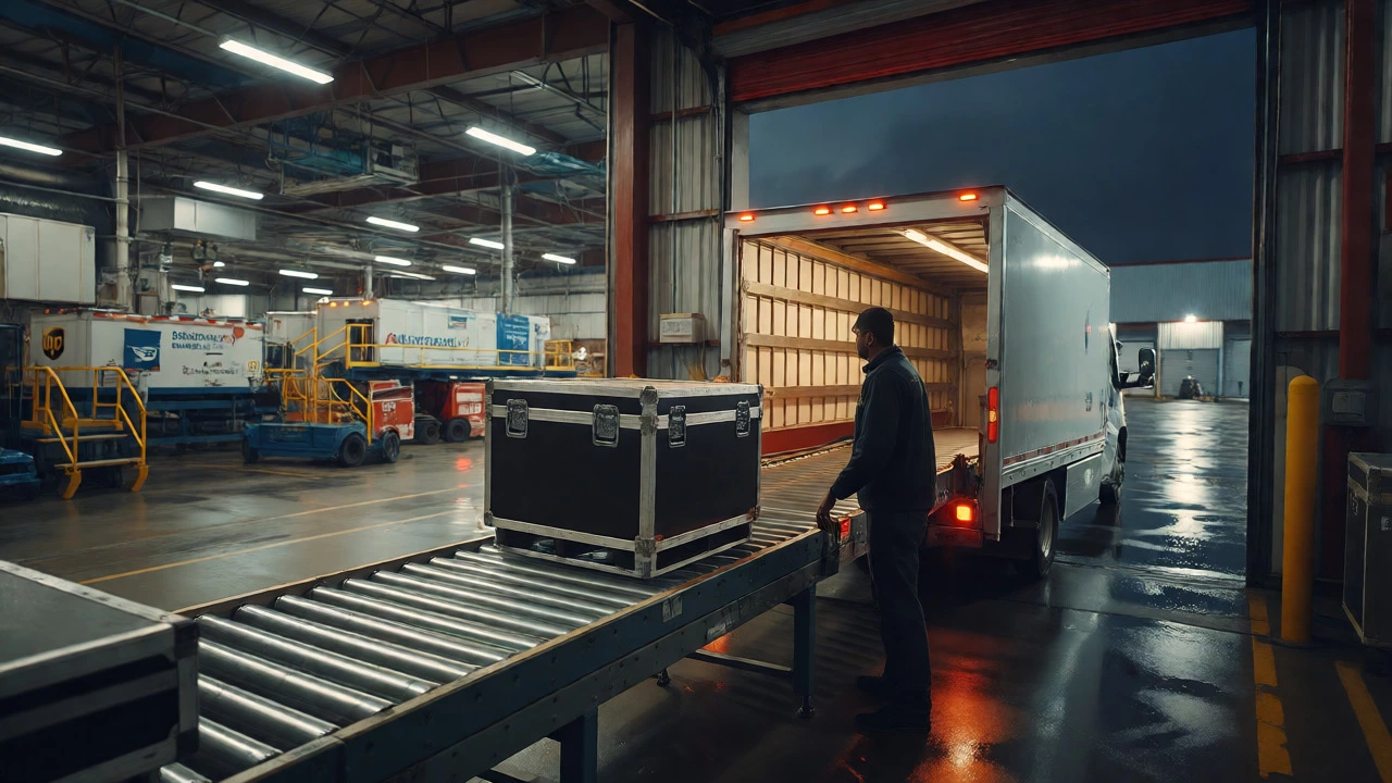 Nighttime logistics hub showing private courier loading vs postal sorting areas