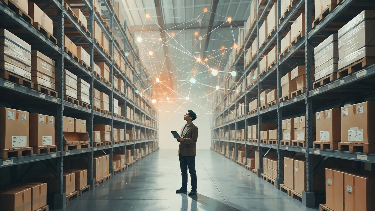 Person organizing inventory in a warehouse with abstract data connections floating above.