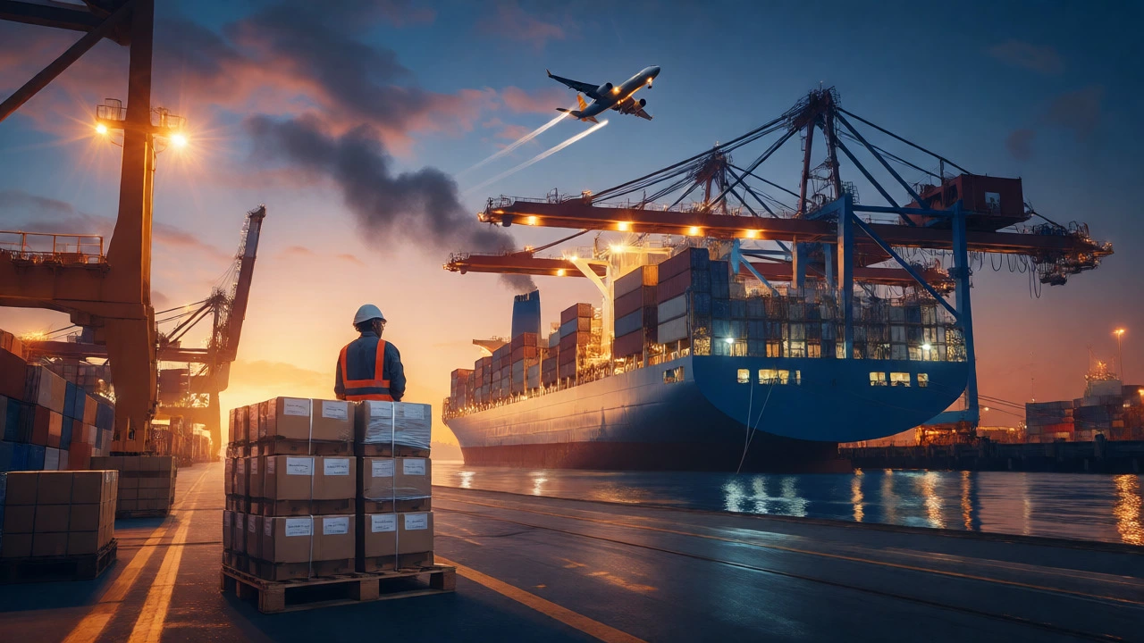 Port scene showing ocean freight containers and an airplane taking off