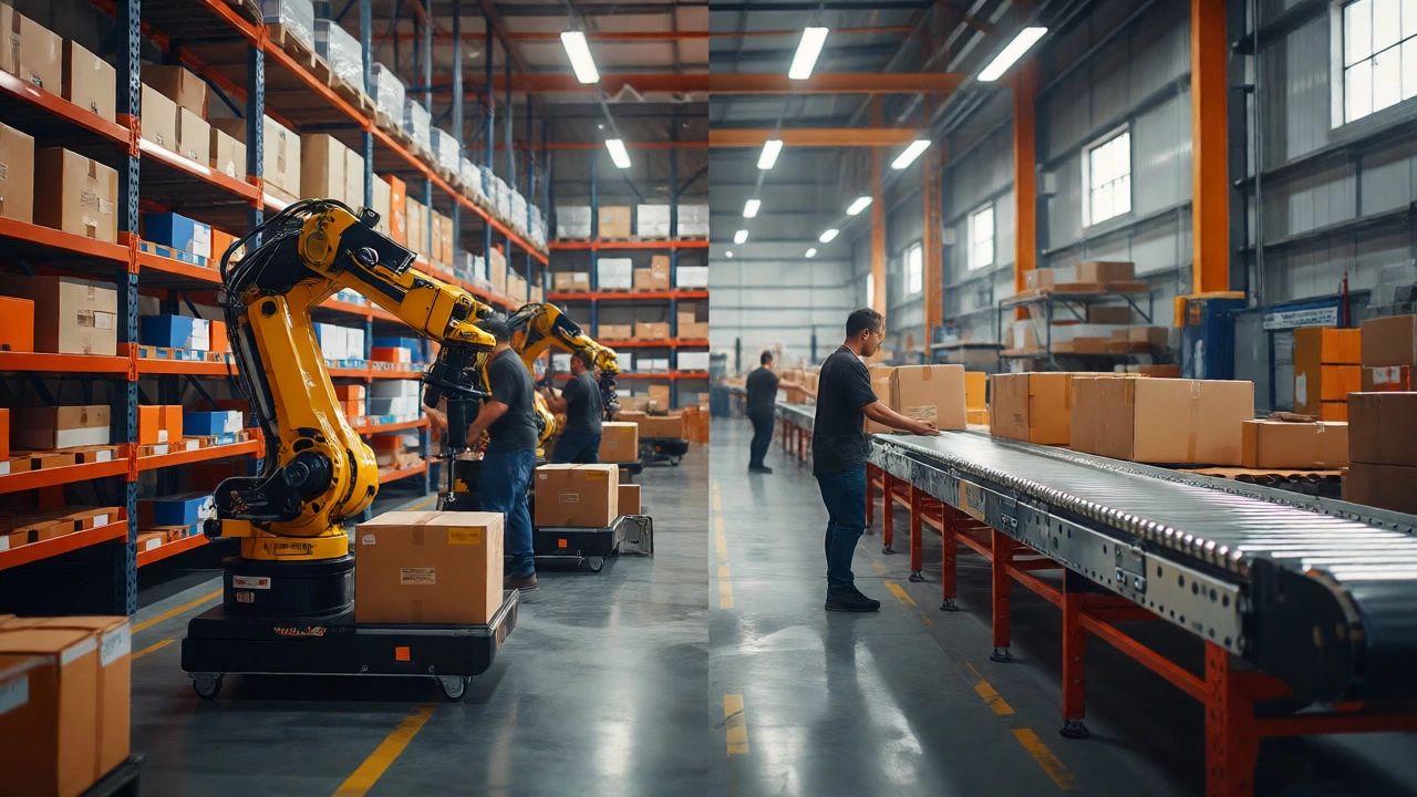 Robots and workers fulfilling orders in a busy warehouse