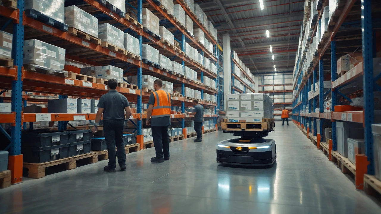 Robots and workers operating in a distribution center