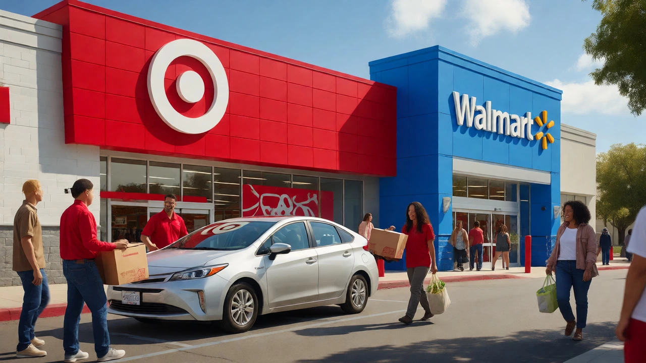 Shoppers using curbside pickup and entering Target and Walmart stores in suburbia