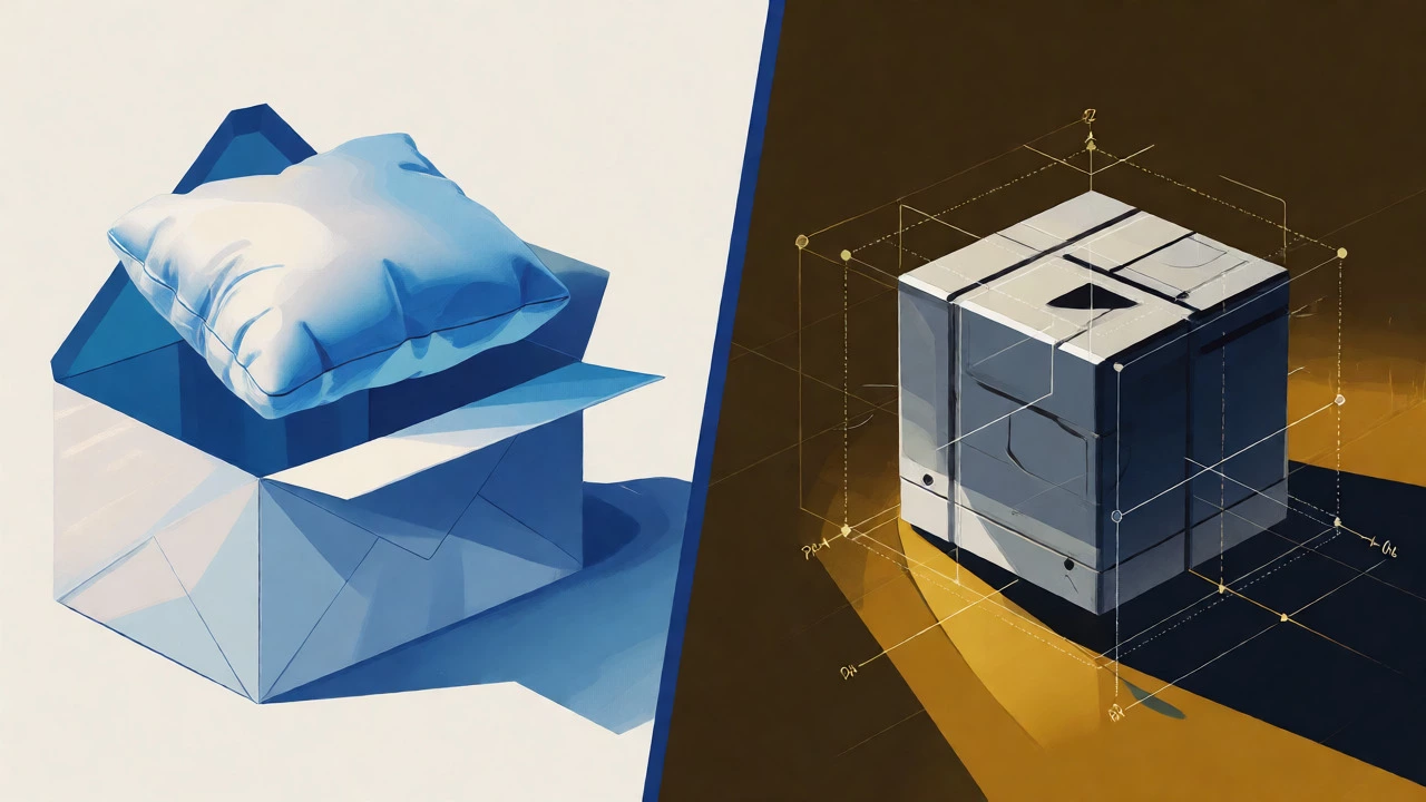 Split screen comparing bulky light items for USPS vs dense heavy items for UPS