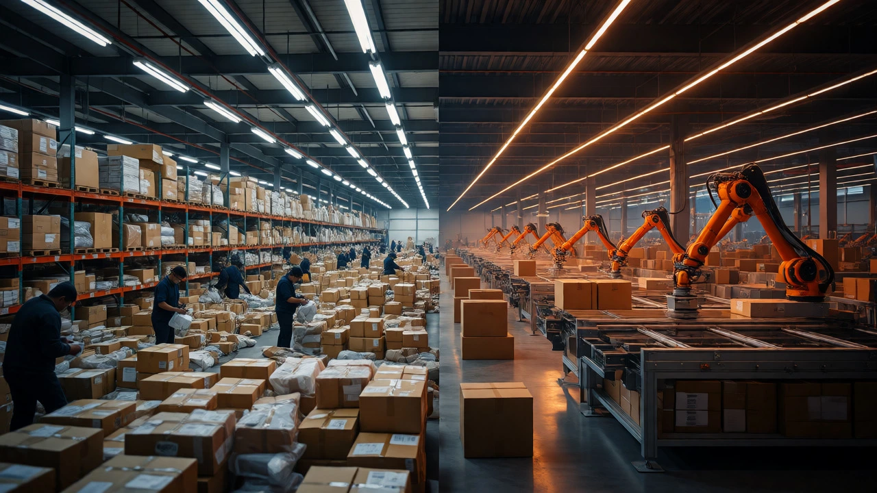 Split view of manual vs automated warehouse